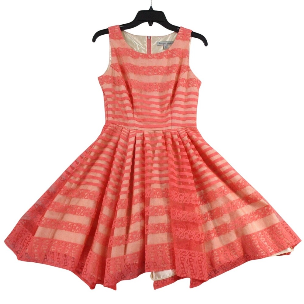 Danny and Nicole Coral Pink Lace Striped Fit and‎ Flare Party Dress Size 4